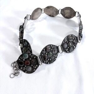Vintage Ornate Silver Tone Chain Plaque Belt with Rough Cut Agate Stones